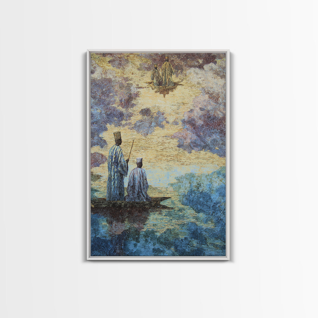 Two Robed Figures On Mystical Water Canvas Print, African Story Wall Art, Dreamy Cultural Landscape, Spiritual Home Decor