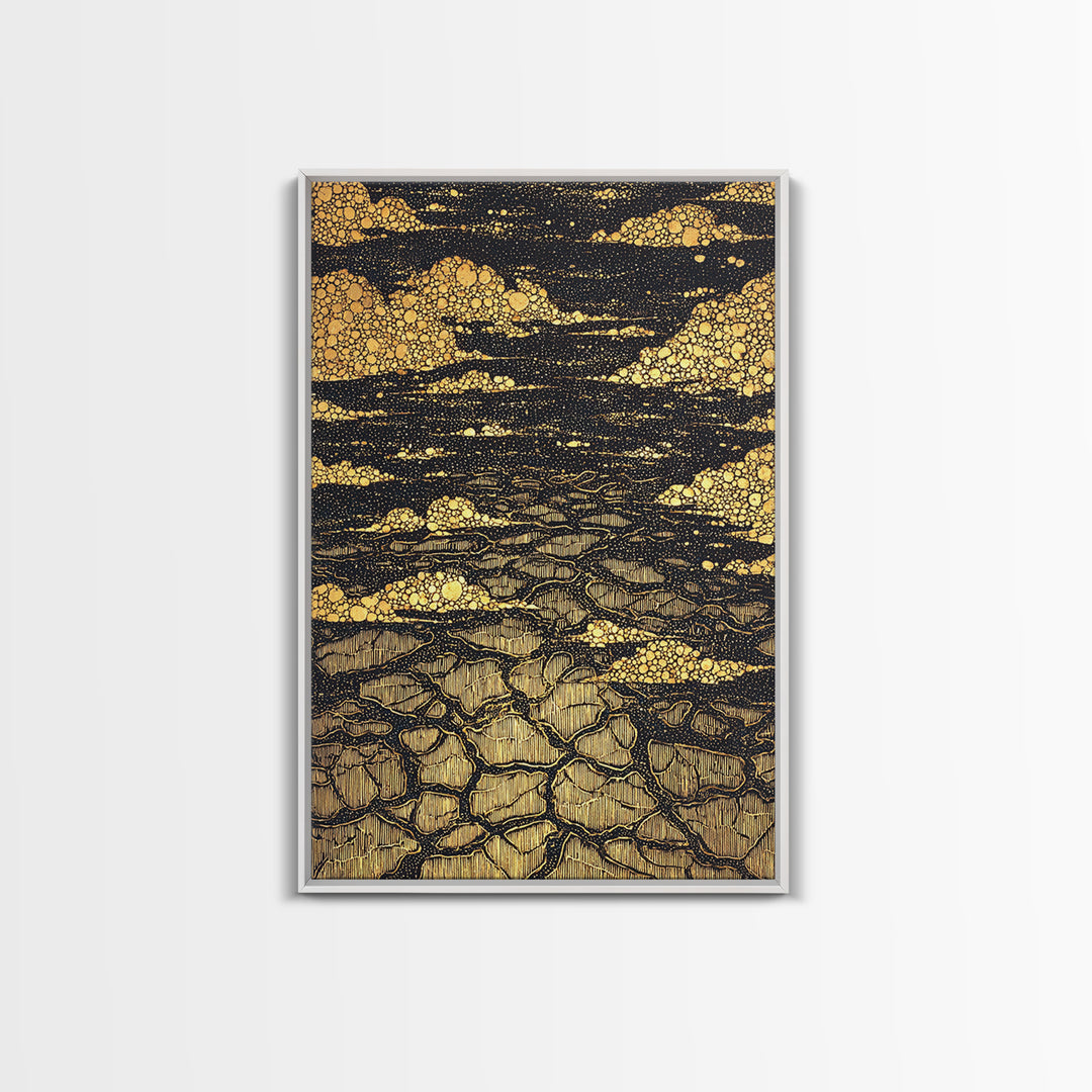 Black And Gold Cracked Earth Abstract Wall Art, Luxury Canvas Print, Textured Desert Landscape, Bold Statement Home Decor