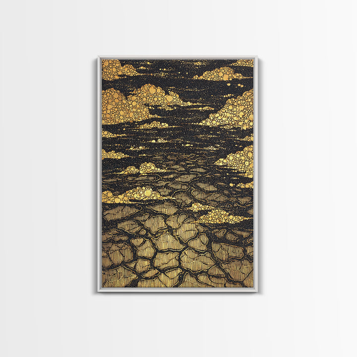 Black And Gold Cracked Earth Abstract Wall Art, Luxury Canvas Print, Textured Desert Landscape, Bold Statement Home Decor
