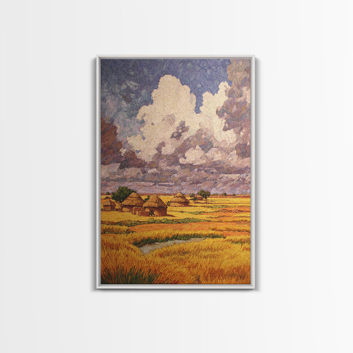 Golden African Village Under Towering Clouds Wall Art, Savannah Landscape, Rustic Home Decor, Afrocentric African Art Print