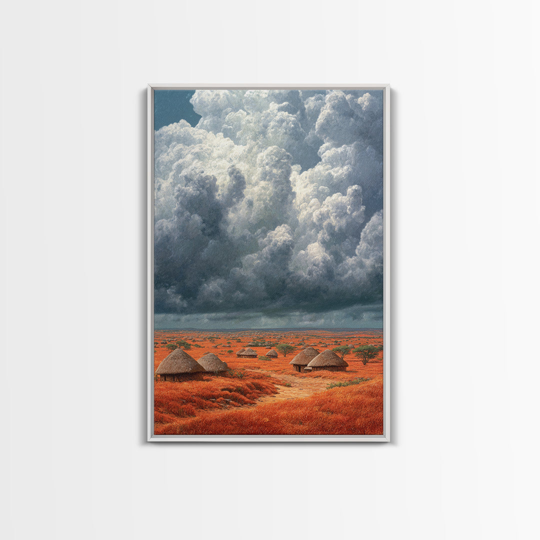 Red African Village Beneath Dramatic Storm Clouds Framed Canvas Print, Safari Landscape Wall Art, Earth Tone Home Decor Gift