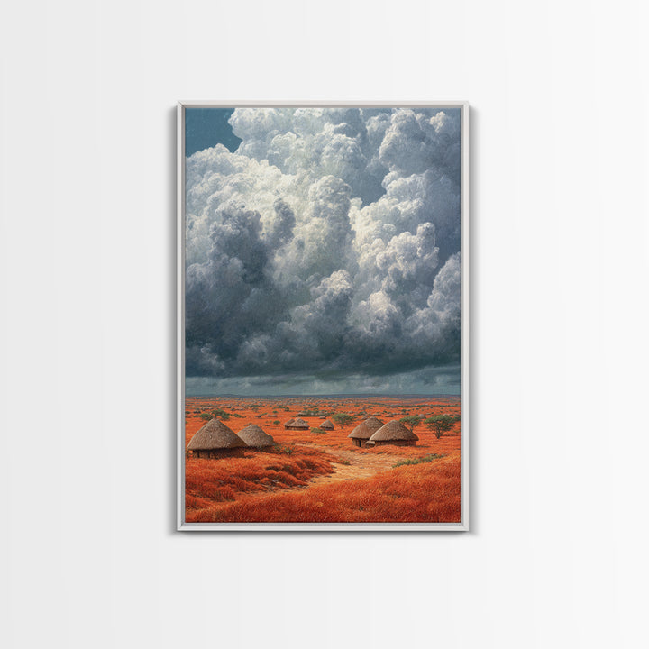 Red African Village Beneath Dramatic Storm Clouds Framed Canvas Print, Safari Landscape Wall Art, Earth Tone Home Decor Gift