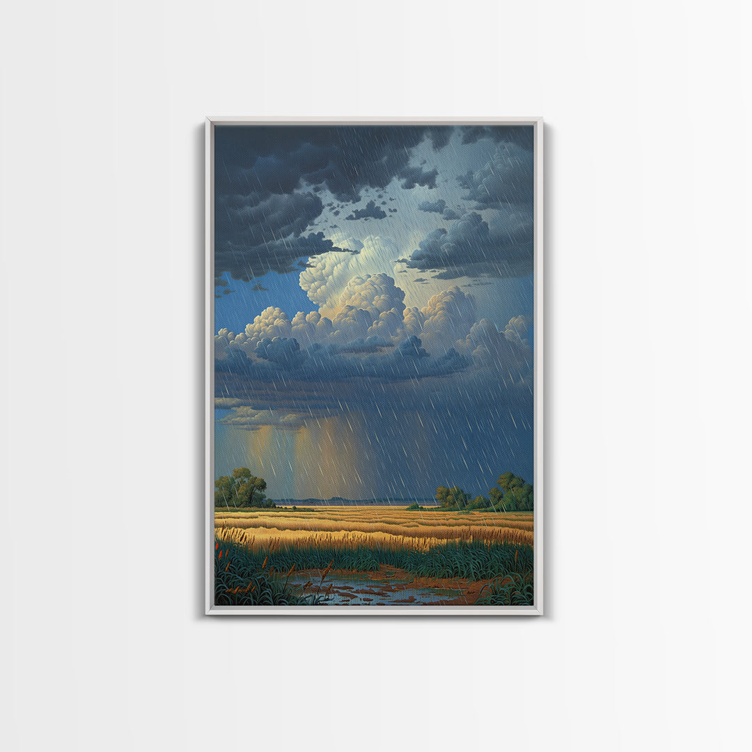 Rain Swept African Plain With Golden Fields Canvas Print, Stormy Landscape Wall Art, Safari Decor, Dramatic Office Art Gift