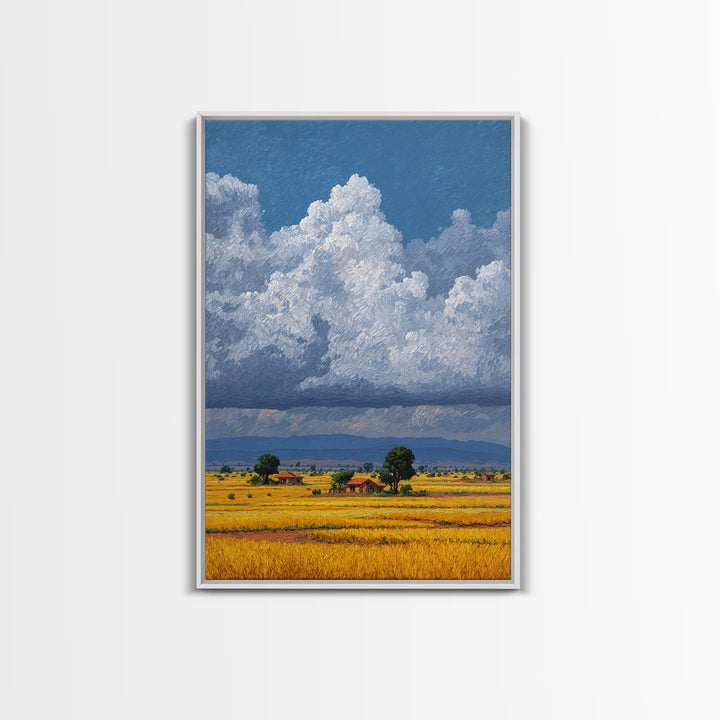 Sunlit African Farmland With Puffy White Clouds Wall Art, Landscape Canvas Print, Rustic Decor, Housewarming Gift For Her