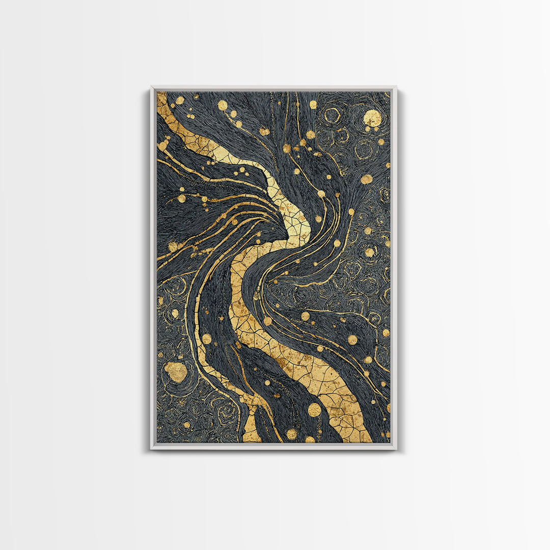 Black And Gold Abstract River Of Stars Statement Wall Art, Luxury Canvas Print, Geometric Decor, Elegant Modern Home Decor Gift