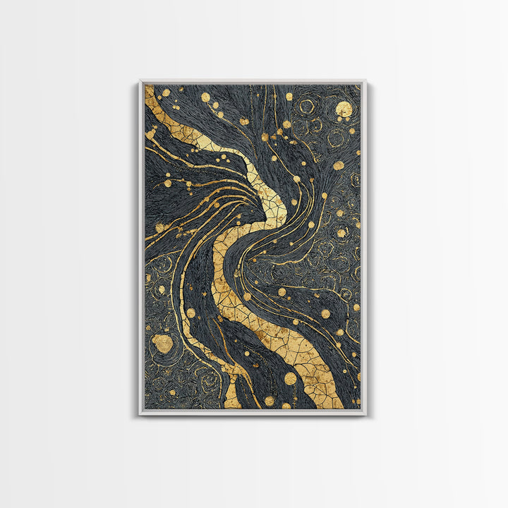 Black And Gold Abstract River Of Stars Statement Wall Art, Luxury Canvas Print, Geometric Decor, Elegant Modern Home Decor Gift