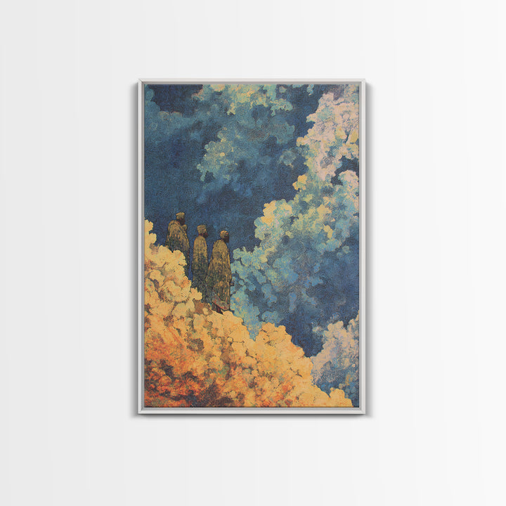Three African Figures Walking Through Colorful Clouds Wall Art, Mystical Canvas Print, Cultural Art, Afrocentric Home Decor