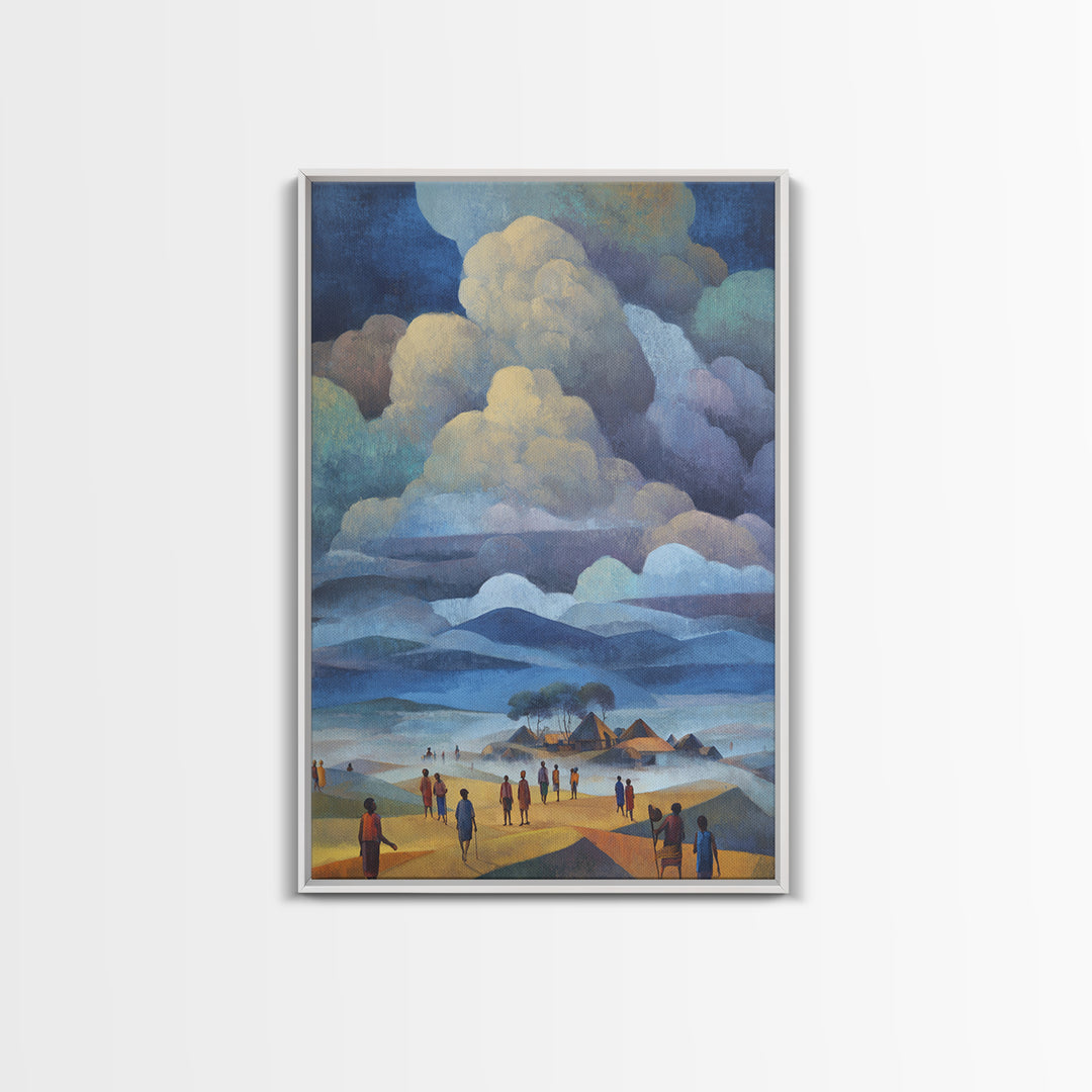 African Village Beneath Blue Storm Clouds Framed Canvas Print, Landscape Wall Decor, Cultural Home Decor, Afrocentric Art
