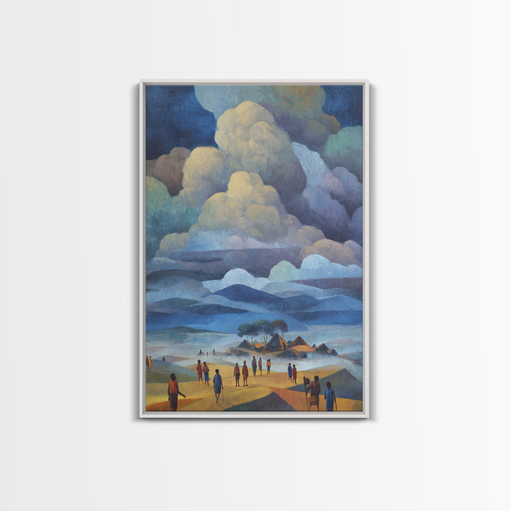African Village Beneath Blue Storm Clouds Framed Canvas Print, Landscape Wall Decor, Cultural Home Decor, Afrocentric Art