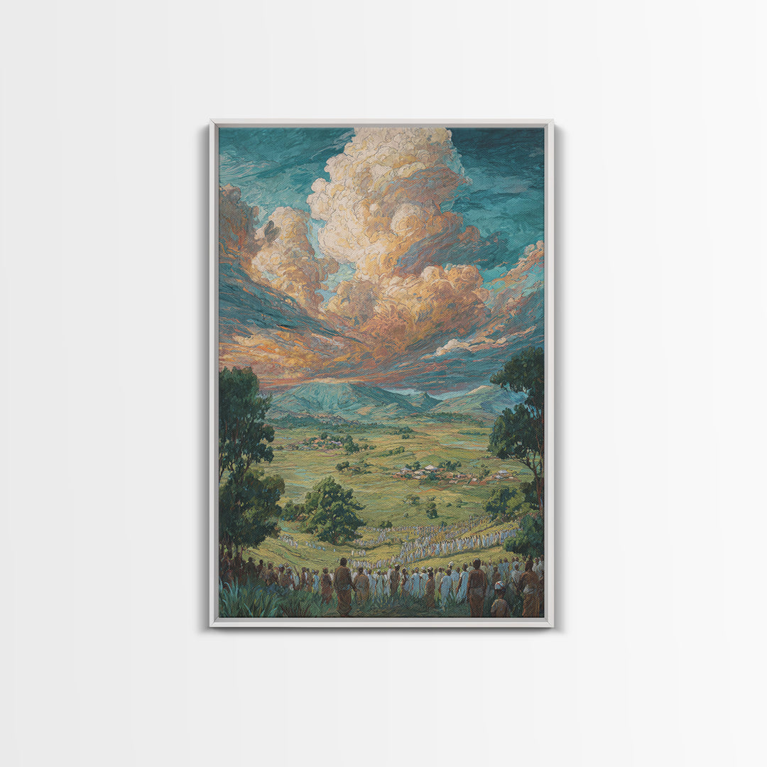 African Valley Procession Under Radiant Clouds Canvas Print, Panoramic Landscape Wall Decor, Safari Art, Cultural Gift For Home
