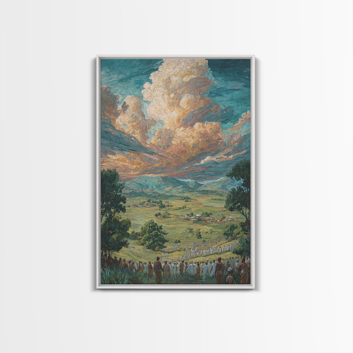African Valley Procession Under Radiant Clouds Canvas Print, Panoramic Landscape Wall Decor, Safari Art, Cultural Gift For Home