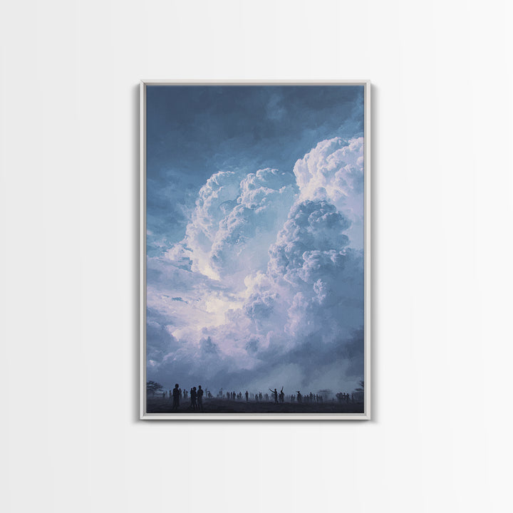 Towering White Storm Clouds Over African Horizon Framed Canvas Print, Dramatic Blue Wall Decor, Spiritual Afrocentric Art