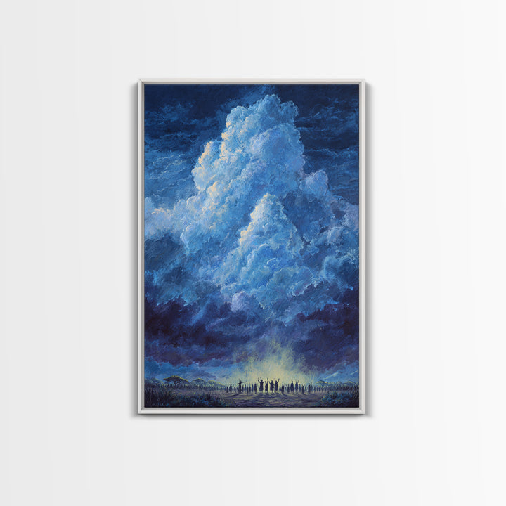 Deep Blue Thundercloud Over African Crowd Canvas Print, Dramatic Storm Sky Wall Decor, Spiritual Safari Art, Statement Gift