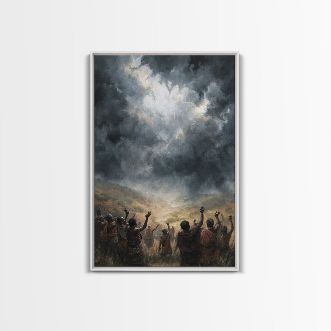 African Villagers Raising Hands To Dark Storm Sky Wall Art, Dramatic Spiritual Canvas, Cultural Decor, Black Art Gift For Home