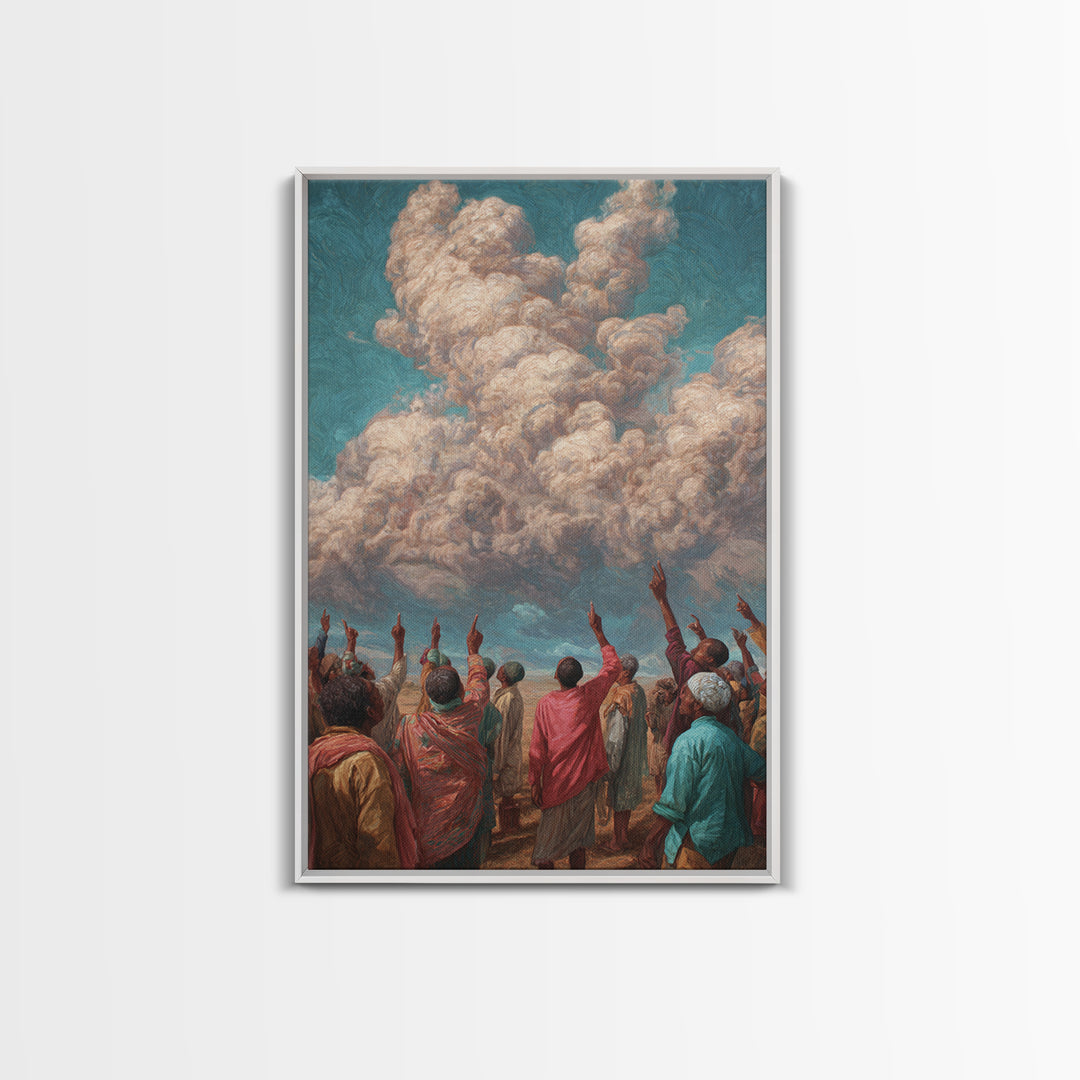 African Gathering Pointing To Rose Clouds Canvas Print, Colorful Cultural Wall Decor, Afrocentric Home Art, Unique Gift Idea