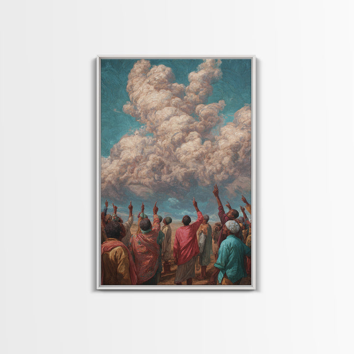 African Gathering Pointing To Rose Clouds Canvas Print, Colorful Cultural Wall Decor, Afrocentric Home Art, Unique Gift Idea