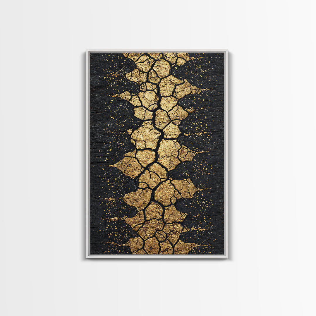 Gold Cracked Earth Africa Inspired Abstract Wall Art, Black And Gold Canvas Decor, Modern Afrocentric Texture, Luxury Gift