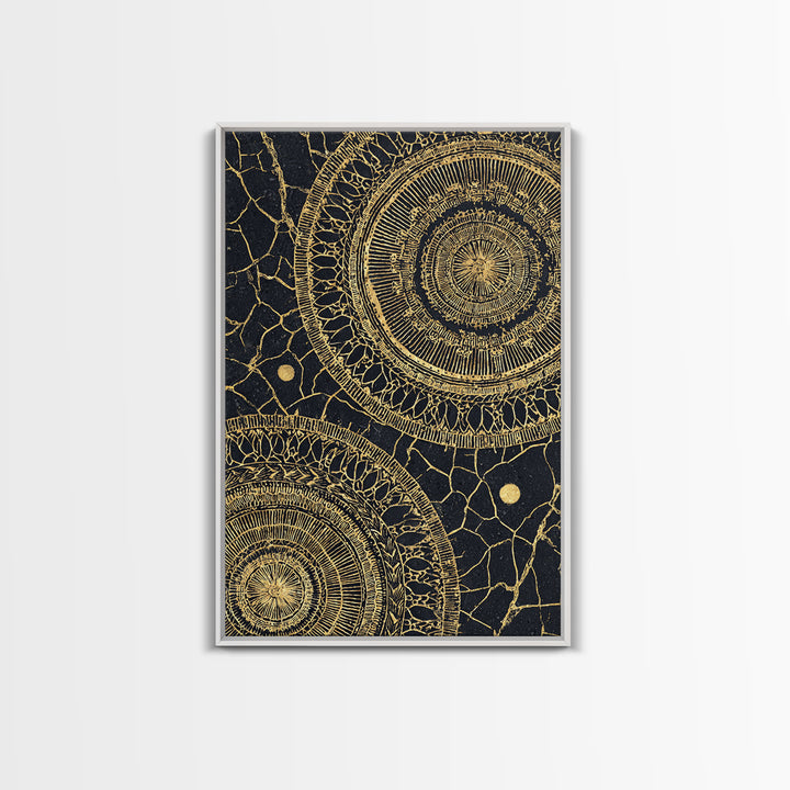 Black And Gold Tribal Mandala Pattern Framed Canvas Print, Geometric African Wall Decor, Abstract Ethnic Art, Luxury Gift