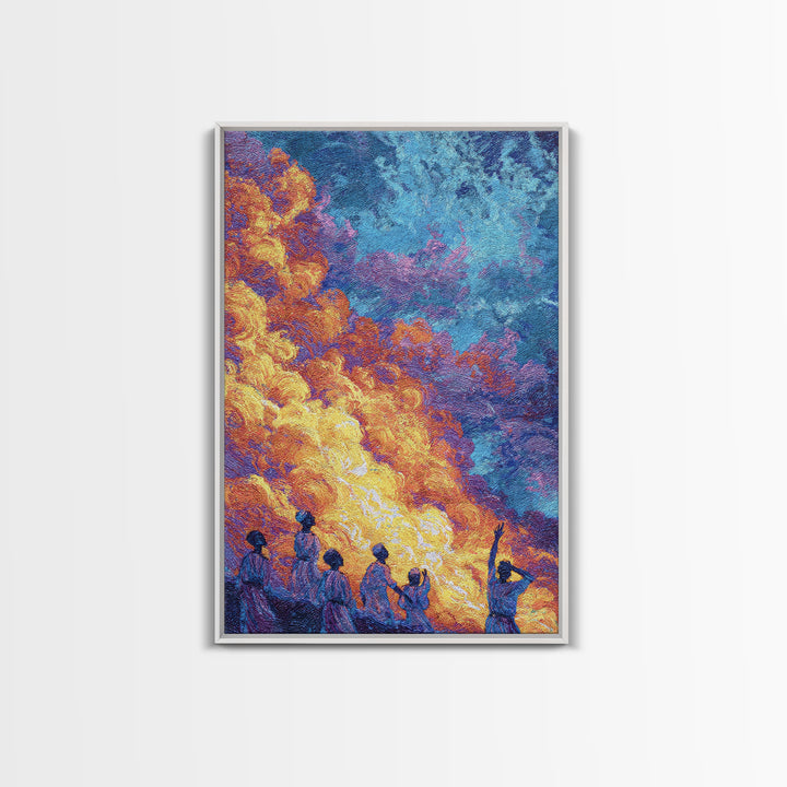 Figures Under Fiery Orange And Blue Sky Canvas Print, African Wall Art, Black People Art, Cultural Home Decor Gift, Statement Wall Decor