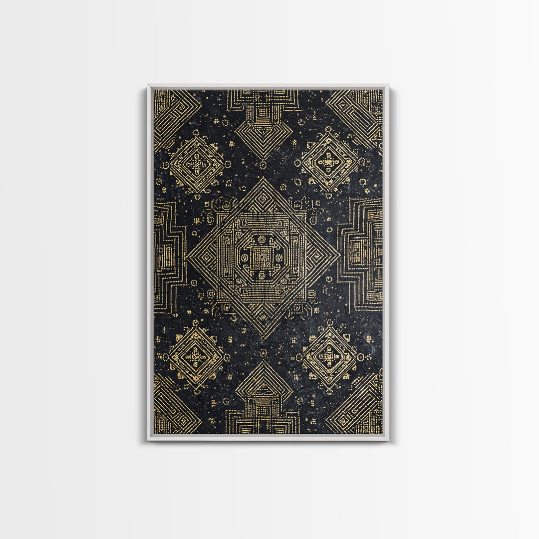 Black And Gold Sacred Geometric Pattern Framed Canvas Print, African Tribal Art, Luxury Wall Art, Spiritual Home Decor Gift