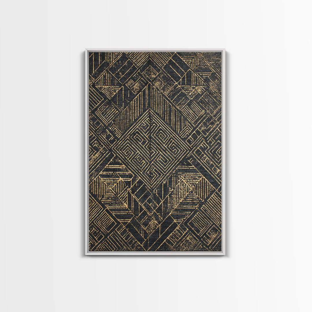 Black Gold Geometric Kuba Pattern Wall Art, African Tribal Decor, Mud Cloth Inspired Canvas, Modern Ethnic Home Decor, Gallery Print