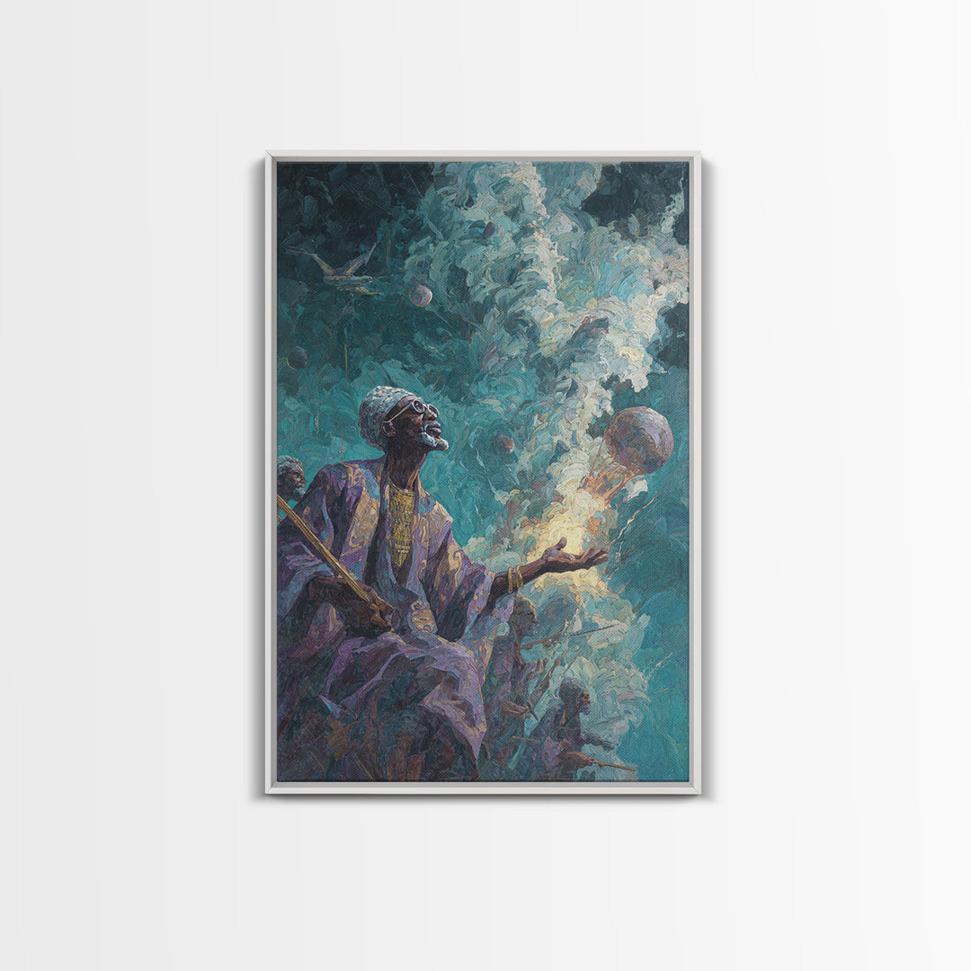 Mystic African Elder With Glowing Orb Canvas Print, Afrocentric Wall Decor, Spiritual Black Art, Ancestral Shaman Portrait