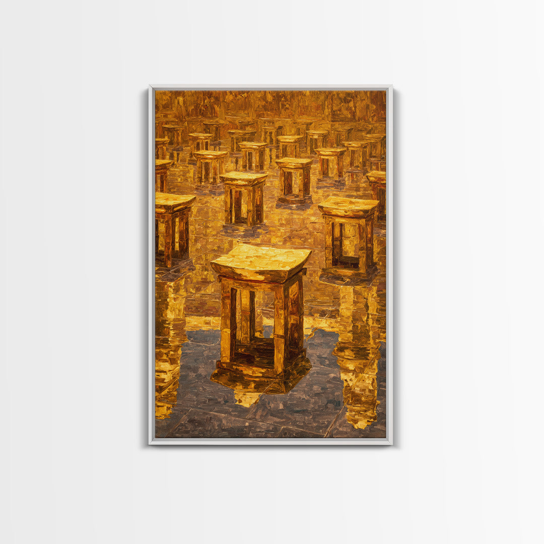 Golden Ancestral Stools In Reflective Hall Framed Canvas Print, African Decor, Cultural Wall Art, Warm Ochre Home Decor Gift
