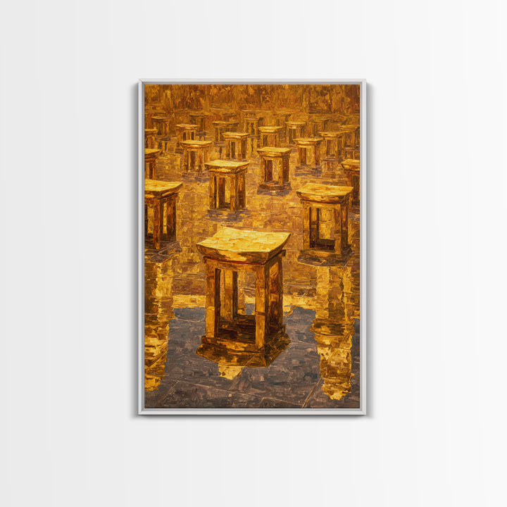 Golden Ancestral Stools In Reflective Hall Framed Canvas Print, African Decor, Cultural Wall Art, Warm Ochre Home Decor Gift