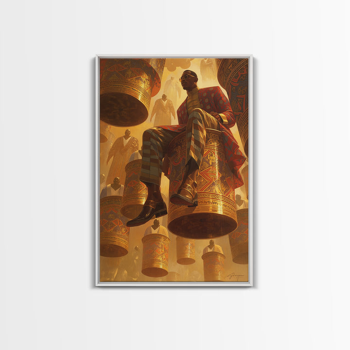 Afrofuturist Man Seated On Floating Drums Canvas Print, African Ankara Art, Regal Black Culture Wall Decor, Bold Gift For Him