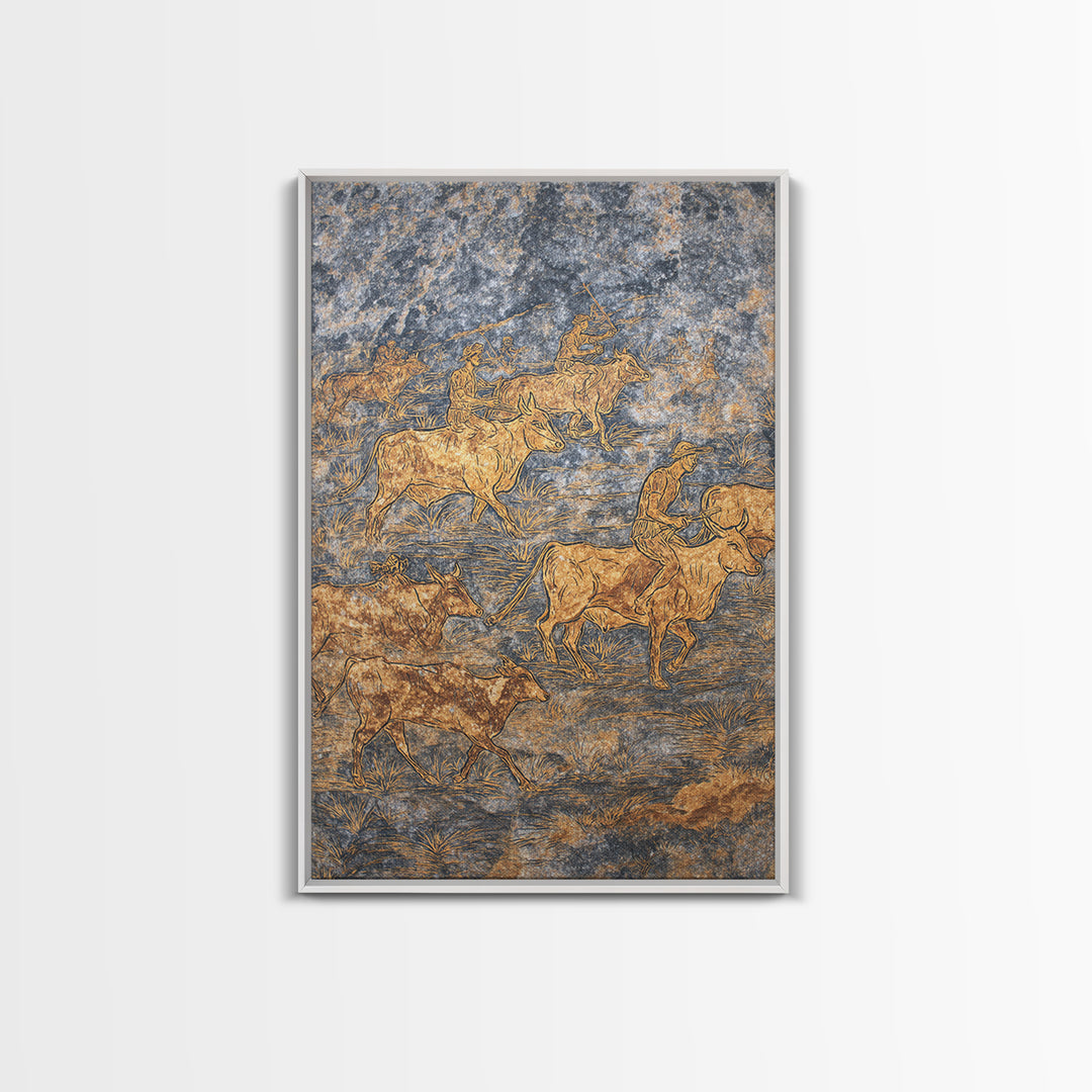 Golden Cattle Herders Etched On Blue Stone Wall Art, African Safari Art, Pastoral Tribal Canvas, Cultural Home Decor, Unique Gift