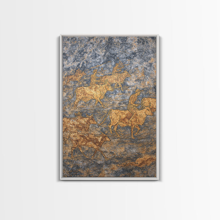 Golden Cattle Herders Etched On Blue Stone Wall Art, African Safari Art, Pastoral Tribal Canvas, Cultural Home Decor, Unique Gift