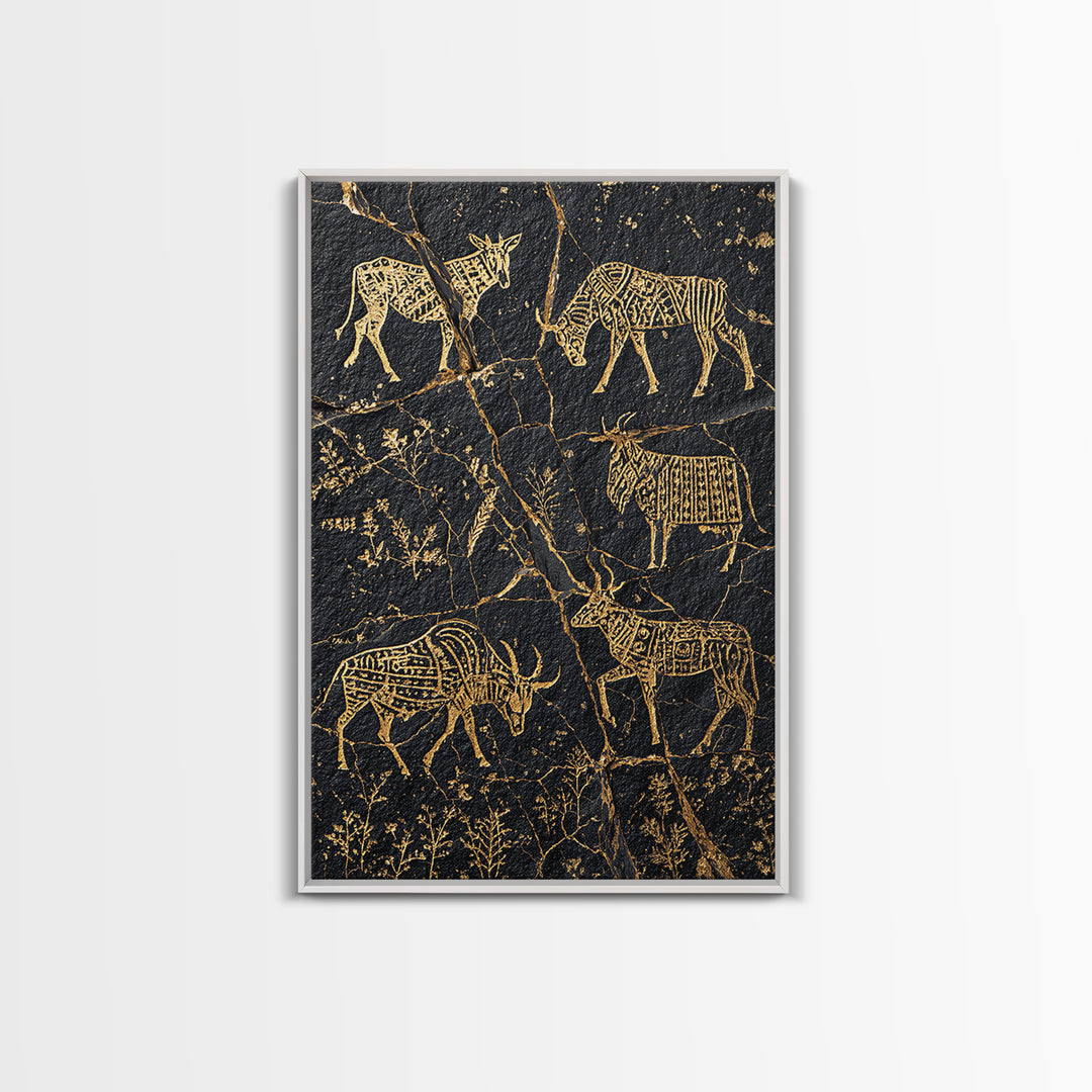 Black Gold Tribal Animal Petroglyph Canvas Print, African Safari Art, Antelope And Zebra Wall Decor, Ancient Rock Art Print