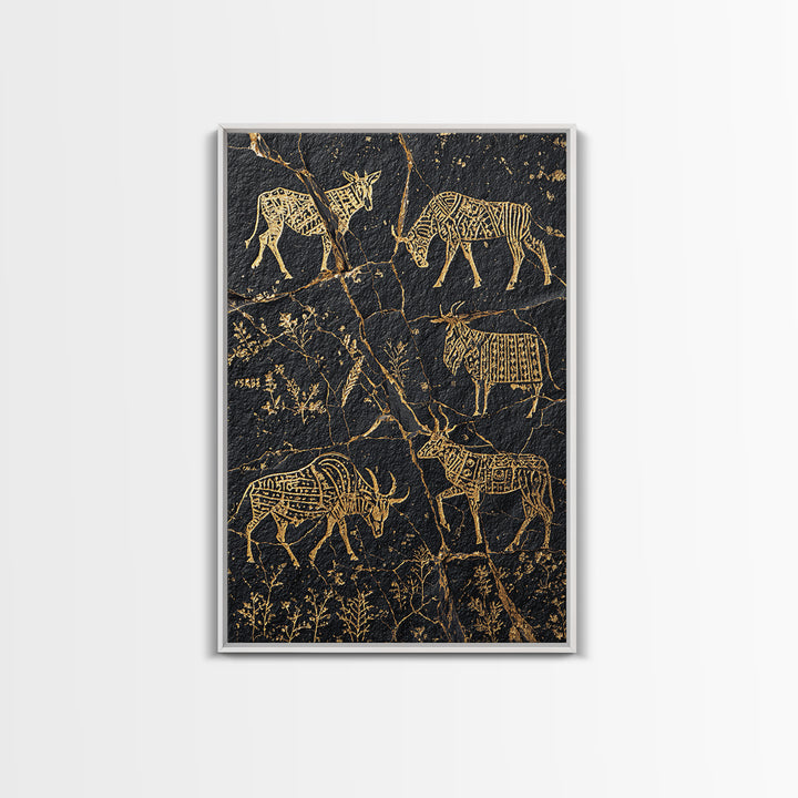 Black Gold Tribal Animal Petroglyph Canvas Print, African Safari Art, Antelope And Zebra Wall Decor, Ancient Rock Art Print