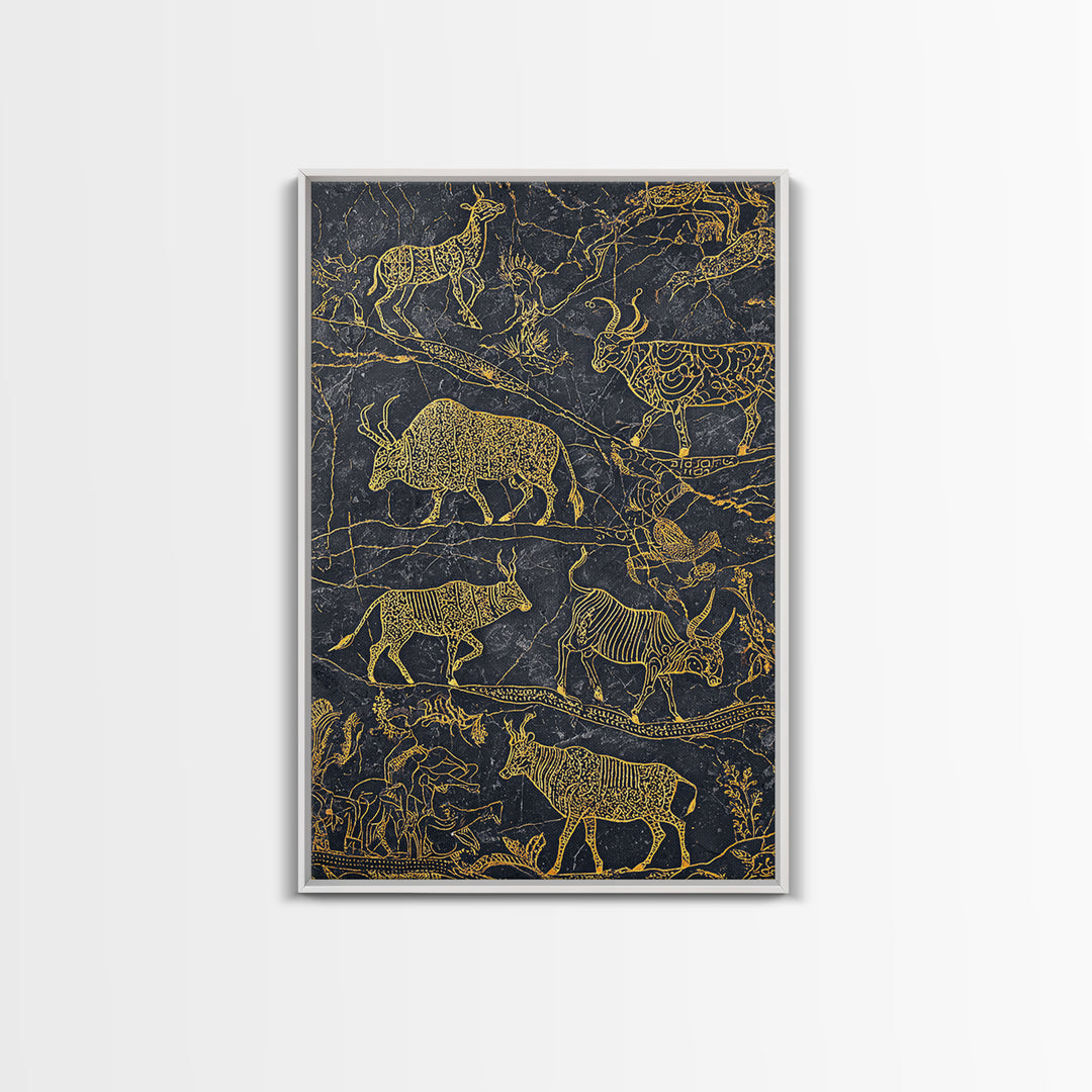 Gold Line Savanna Wildlife Migration Wall Art, African Animal Art, Tribal Antelope Canvas, Black Gold Safari Decor, Statement Gift