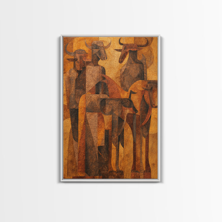 Cubist Cattle Spirits In Burnt Orange Canvas Print, African Abstract Art, Tribal Bull Wall Decor, Modern Gallery Gift For Home