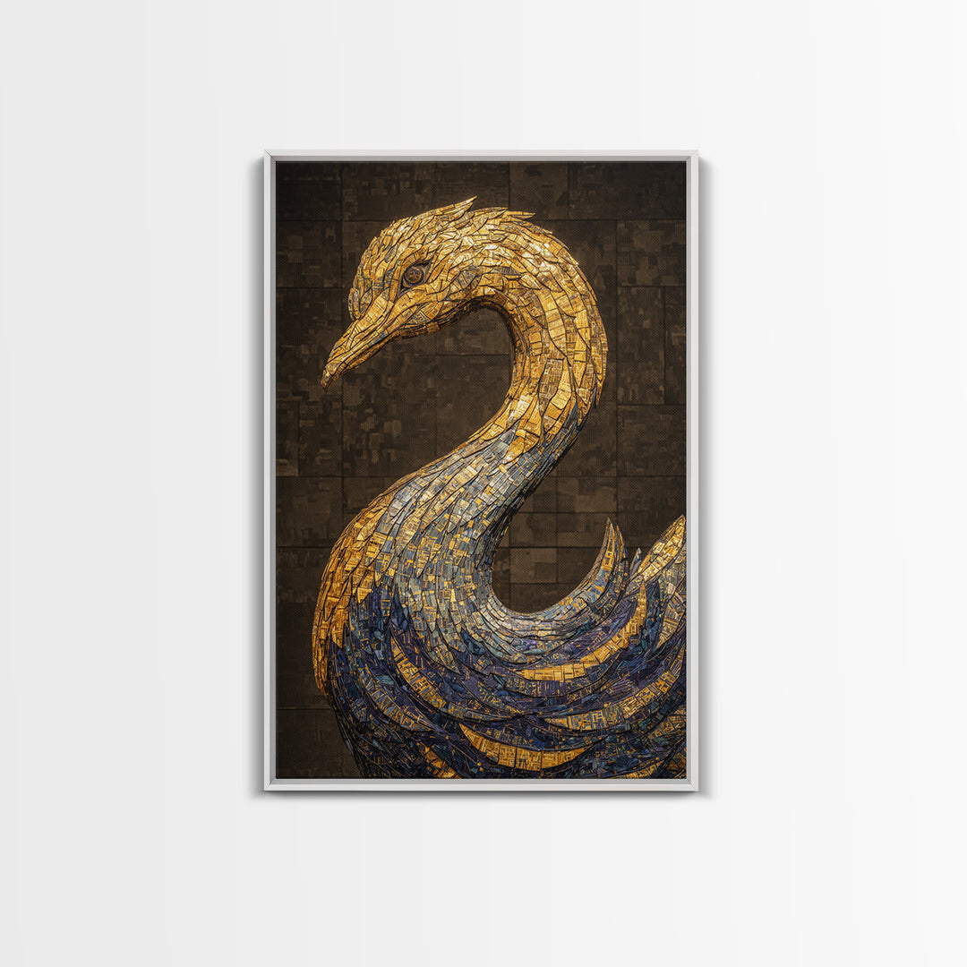 Blue Gold Mosaic Swan Framed Canvas Print, Black And Gold Art, Elegant Wall Decor, Contemporary Canvas, Statement Home Decor
