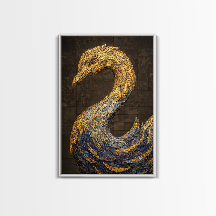 Blue Gold Mosaic Swan Framed Canvas Print, Black And Gold Art, Elegant Wall Decor, Contemporary Canvas, Statement Home Decor