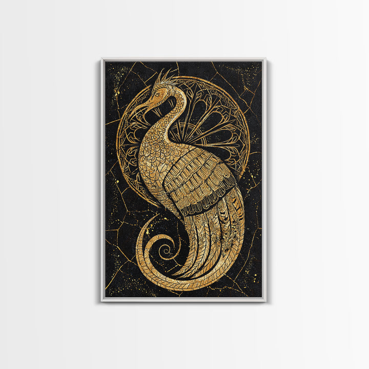 Ornate Golden Peacock Wall Art, Black And Gold Art, African Inspired Wall Decor, Mystical Animal Art, Luxury Canvas Print Gift