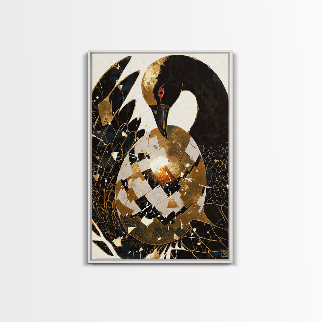 Black Crane With Golden Egg Framed Canvas Print, Black And Gold Art, Modern Bird Wall Decor, Elegant Home Decor, Unique Gift