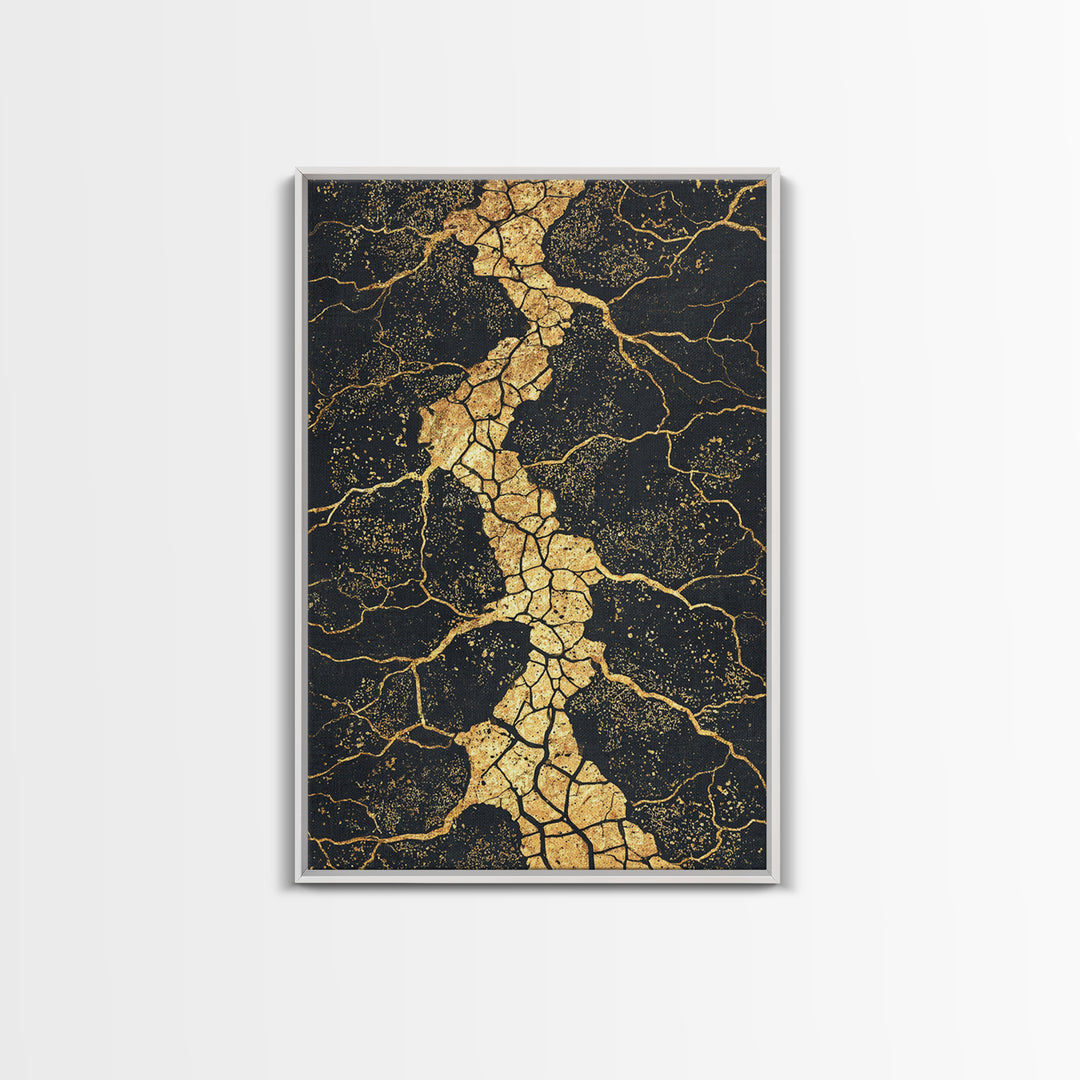 Gold Vein Crackle Abstract Canvas Print, Black And Gold Wall Art, Modern African Inspired Decor, Textured Art Print, Gift