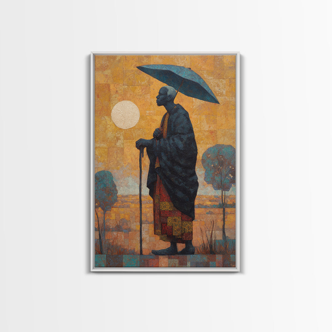 Elder With Blue Umbrella Wall Art, African Portrait Canvas Print, Burnt Orange Art, Afrocentric Decor, Meaningful Gift For Him
