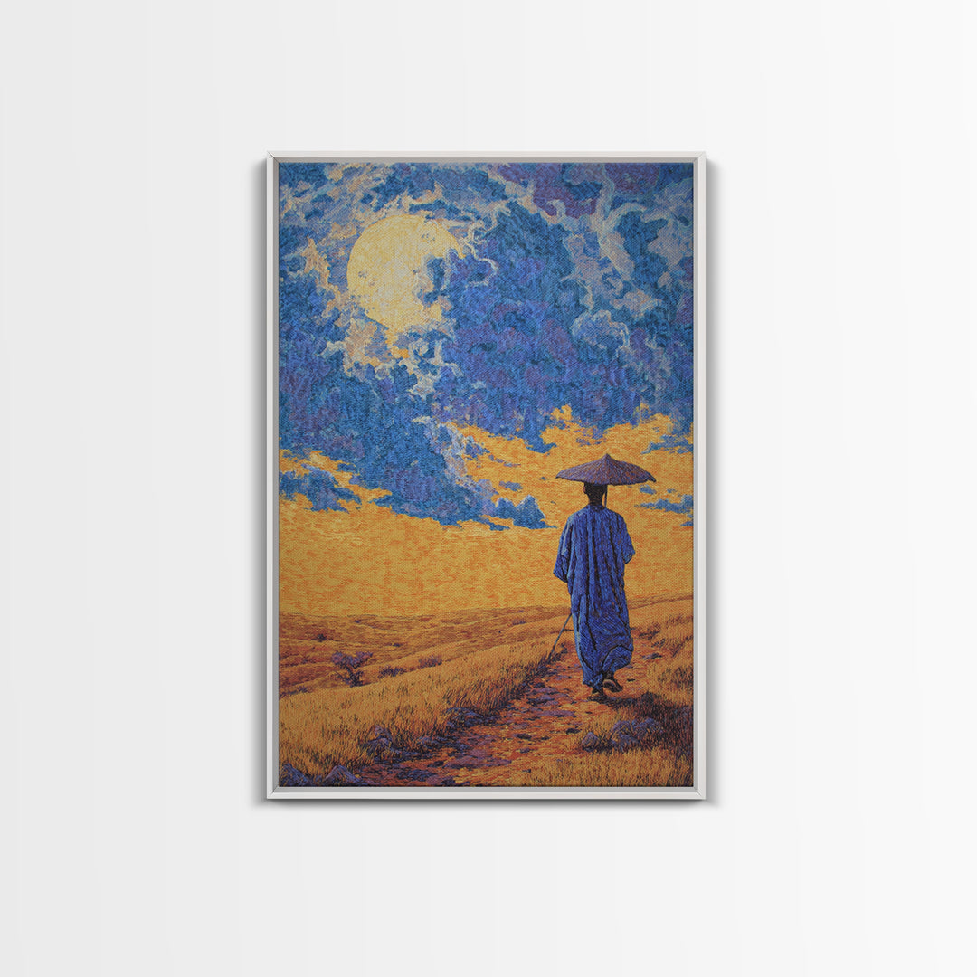 Blue Robed Traveler Under Moon Canvas Print, African Landscape Wall Art, Dreamy Wall Art, Cultural Home Decor, Gift For Him
