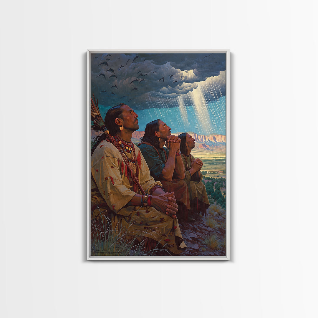 Tribal Elders Praying Under Storm Clouds Wall Art, African Warrior Art Print, Cultural Landscape, Spiritual Home Decor, Gift