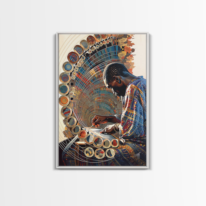 African Artist Weaving Geometric Circle Patterns Canvas Print, Modern African Art, Cultural Wall Decor, Creative Studio Gift