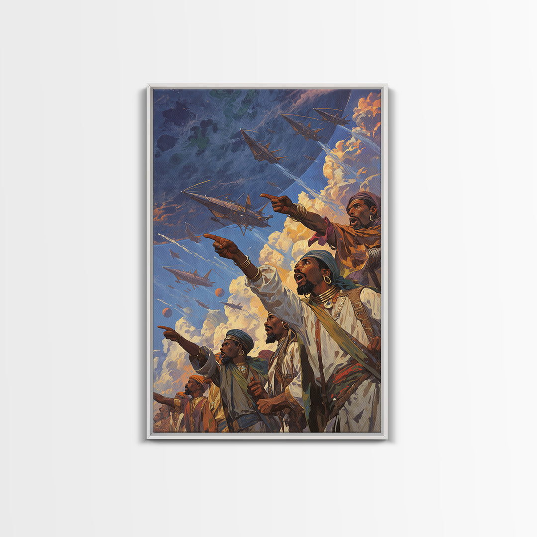 Afrofuturist Warriors Pointing At Sky Ships Wall Art, African Warrior Art, Modern African Art Print, Bold Cultural Decor
