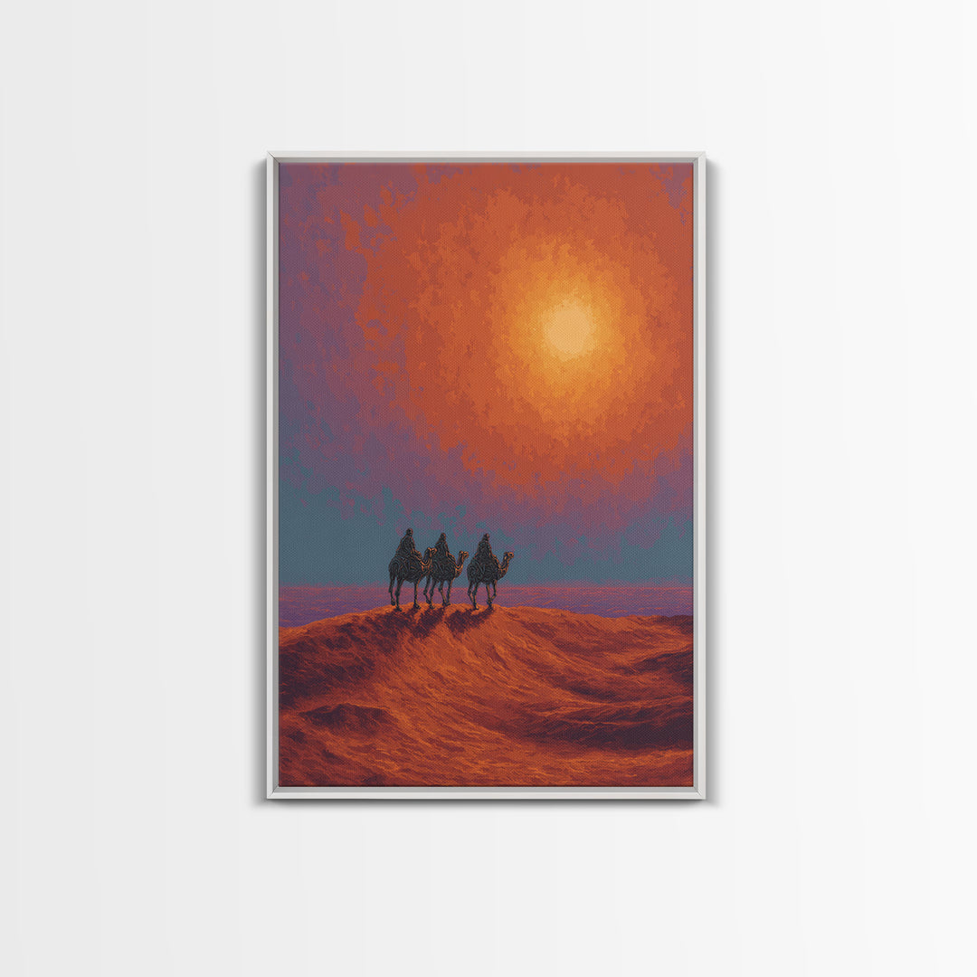 Camel Caravan Crossing Red Desert Dunes Wall Art, African Safari Art Print, Burnt Orange Art, Dreamy Landscape Decor, Gift