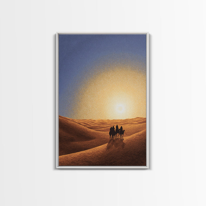 Camel Caravan In Golden Sand Dunes Canvas Print, African Safari Art, Desert Landscape Wall Decor, Warm Sunset Home Decor