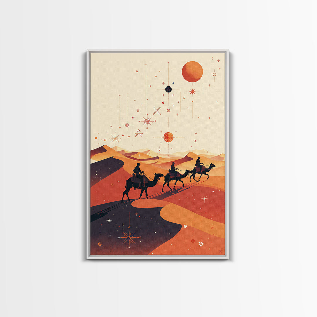 Desert Camel Caravan With Planets Canvas Print, African Travel Art, Boho Wall Decor, Orange Dunes, Celestial Safari Gift