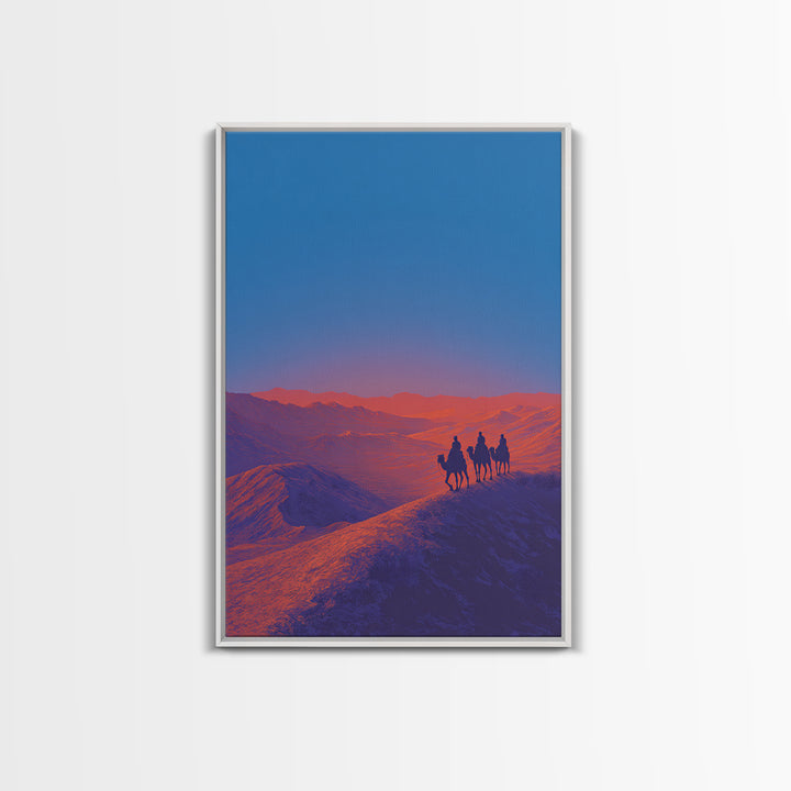 Camel Riders On Blue Desert Ridge Wall Art, African Landscape Print, Modern Safari Art, Sunset Mountain Unique Home Decor Gift
