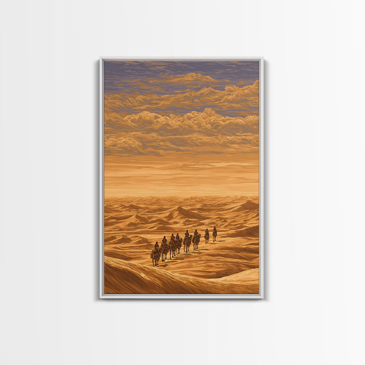 Golden Desert Caravan Across Dunes Canvas Print, African Safari Art, Sahara Landscape, Boho Wall Decor, Living Room Decor